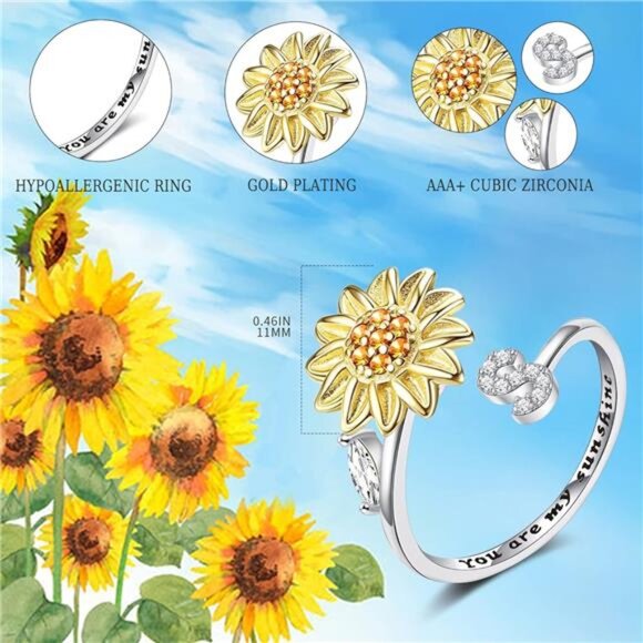 Fidget Rings for Anxiety for Women Sunflower Initial Letter Spinner Ring - Picture 5 of 7